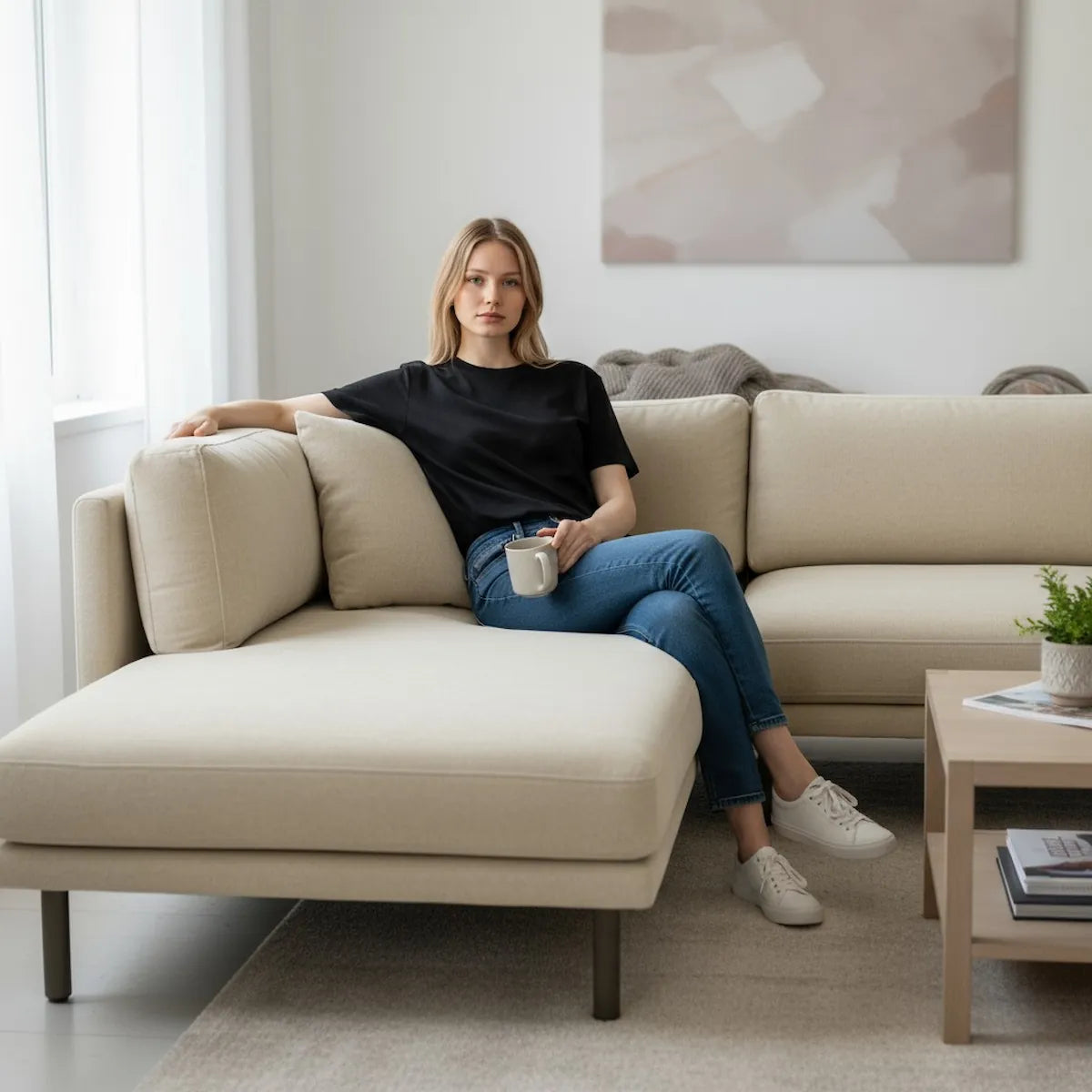 Modern L-shaped sofa upholstered in soft stone velvet fabric