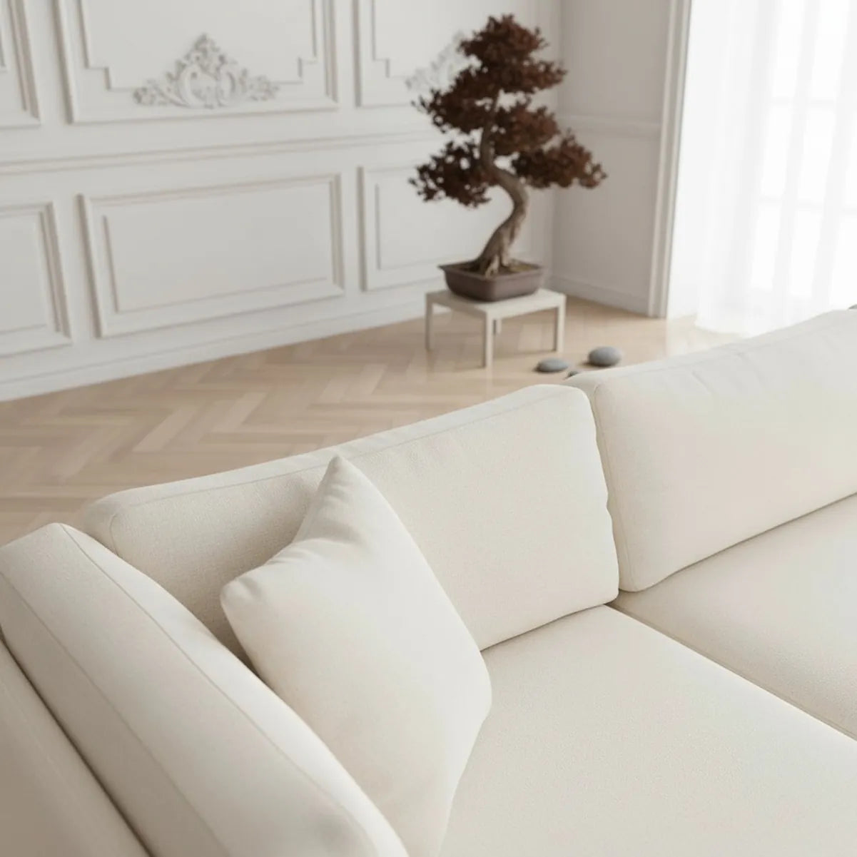 أريّا — أريكة زاوية على شكل حرف L بقماش عاجي