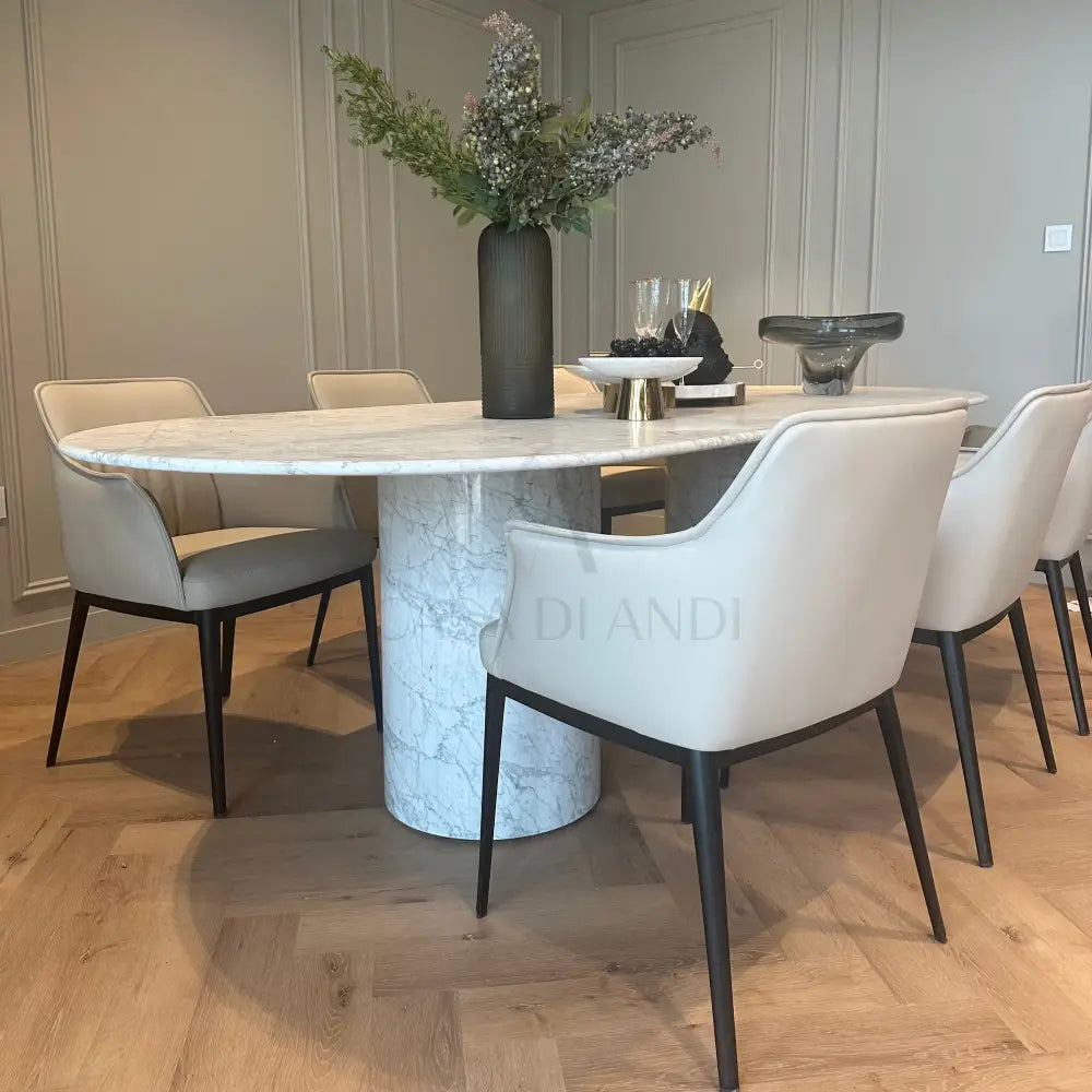 White Carrara marble oval table with dual base – Casa Di Andi Dubai