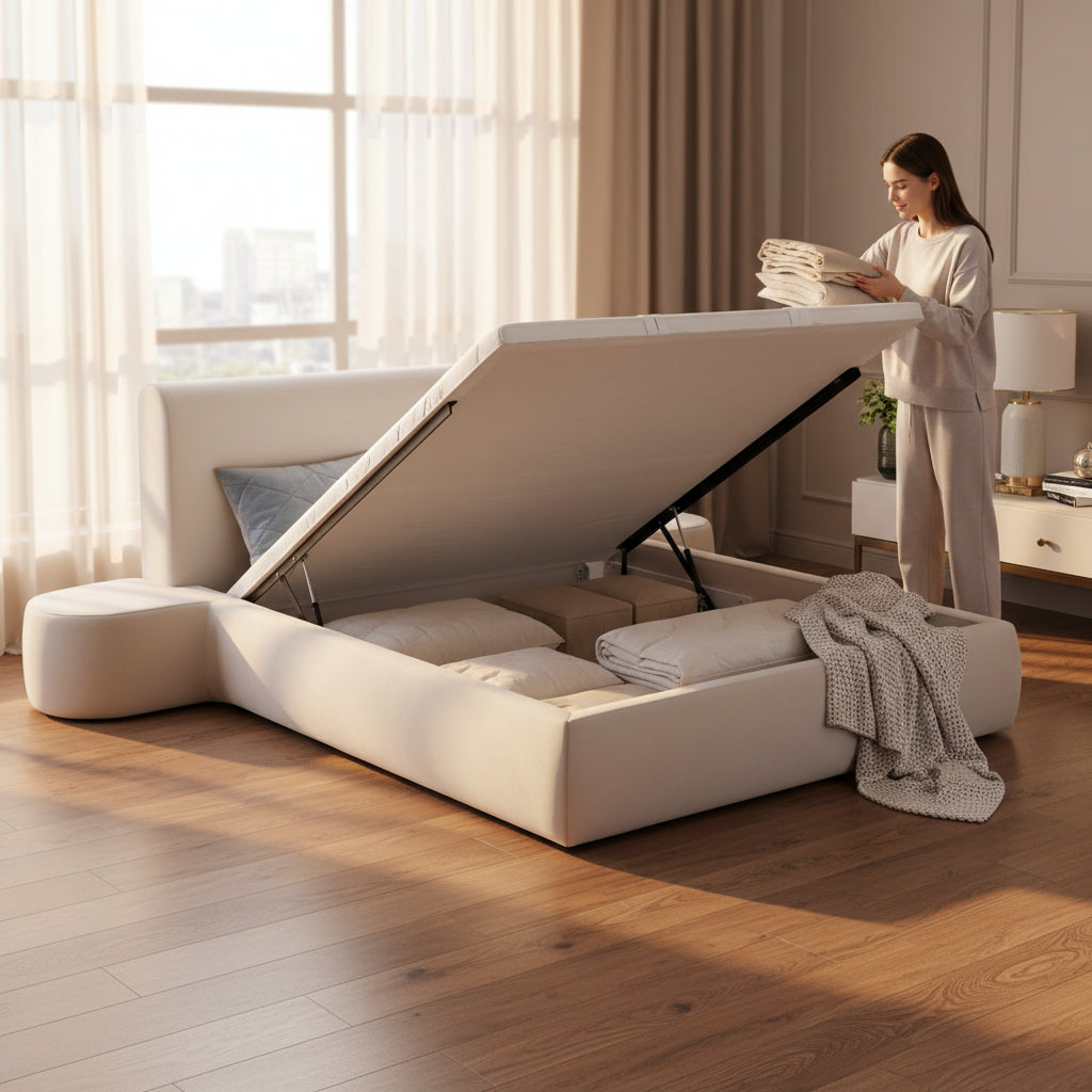 Marshmallow Storage Bed – Fully Upholstered Platform Bed with Hidden Storage
