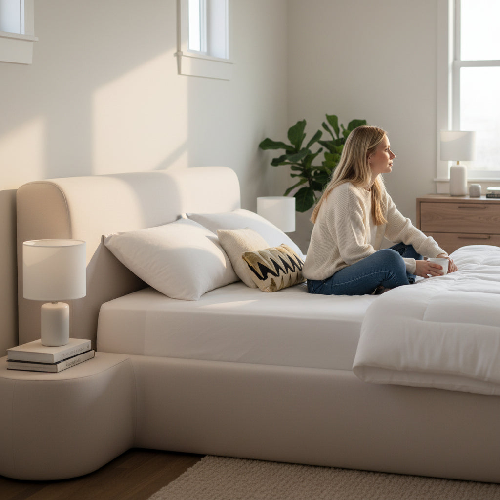 Front view of the Marshmallow Bed showing its rounded upholstered headboard and base