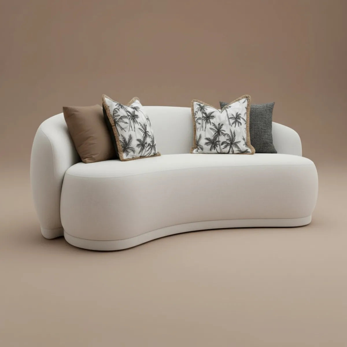 Side view of the Mira Curved Sofa in off-white upholstery, showing its smooth silhouette and plush cushions.